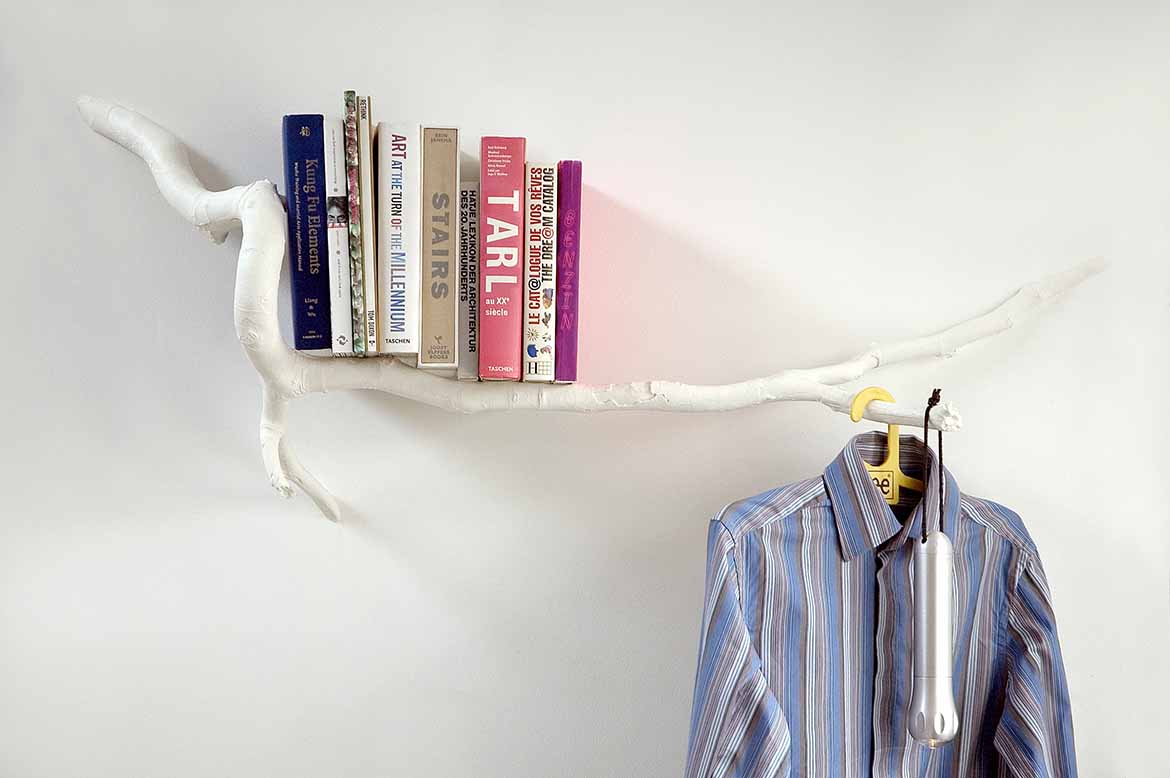 A shelf that looks like a branch growing out of a wall.